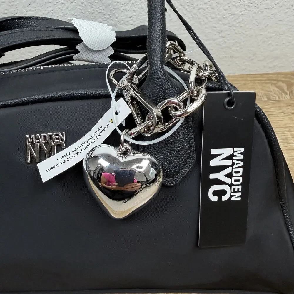 Madden NYC East West Bowler Bag Black Nylon Crossbody Shoulder Bag Heart Charm